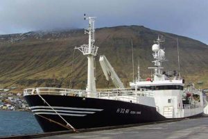 Nyt fra Færøerne uge 8. Den norske Not og trawler Gerda Marie  lander 1450 tons sortmund (Blåhvilling) til Havsbrún. Foto: Trawleren Gerda Marie  Fotograf: Skipini