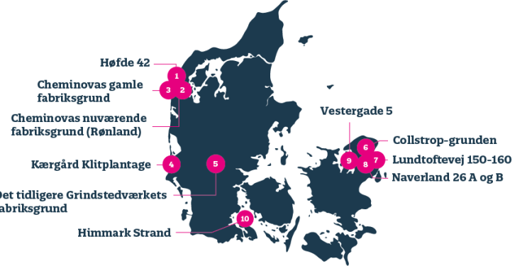 10 stærkt forurenede lokaliteter, hvor kemikalieaffald og industriforurening har skabt massive miljøproblemer. Disse inkluderer bl.a. Høfde 42, Grindstedværket, Kærgård Klitplantage og Cheminovas gamle fabriksgrund. Hver af disse områder kræver oprensning i størrelsesordenen over 50 millioner kroner.
 snapshot Danva og Geomar