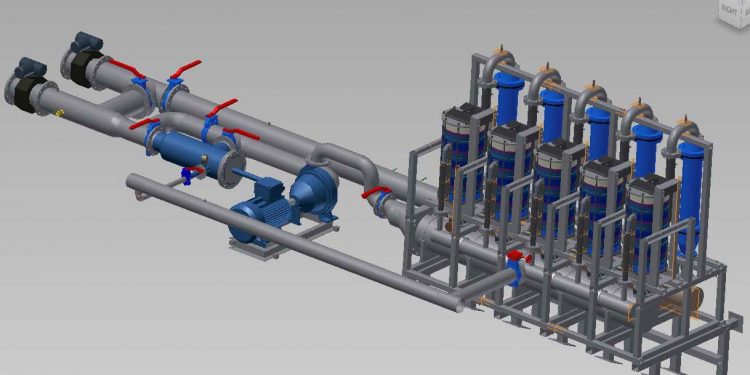 Ballastvandbehandlingssystemet fra Erma First er opbygget i moduler. Hvert modul har en kapacitet på 100 kubikmeter vand i timen. Illustration: Erma First