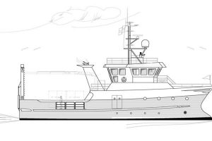 Hvide Sande Skibs- & Baadebyggeri får ordre på et nyt forskningsskib til Aarhus Universite. Foto: Tegning af det nye forskningsskib  -  HSSB