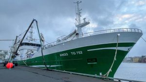 Trawleren Ango kom i sidste uge ind med 1.300 tons blåhvilling til Havsbrún i Fuglefjord. foto: Kiran J