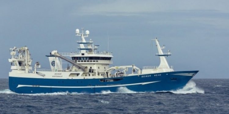 Det er det danske pelagiske fartøj Beinur, der i sidste uge landede 2.500 tons blåhvilling til Havsbrún. foto: EMS Fiskur.fo