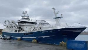 Eksempelvis har den danske trawler **Beinur** landet 1.200 tons makrel, som er fanget i britisk farvand, til Varðin Pelagic på havnen i Tvøroyri. Foto: FS Fiskur.fo