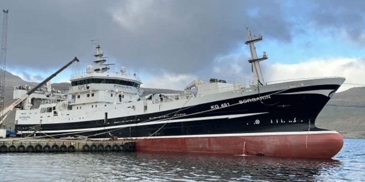 I Fuglefjord landede trawleren Borgarin landede i sidste uge en last på 2.500 tons blåhvilling til Havsbrún, som de har fisket øst for Færøerne. foto: Kiran J