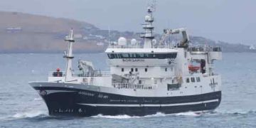 Borgarin landede i ugen en last på 200 tons guldlaks i Miðvági, som de har fisket vest under Færøerne. De har haft godt fiskeri denne tur, og tog tilbage på fiskeri efter guldlaks, da de havde landet. foto: Kiran J