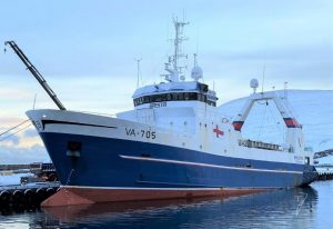 I Miðvágur landede fryse-trawleren **Brestir** forleden sin fangst af 140 tons fisk, hvoraf 135 tons var helfrossen hellefisk. foto: FS Fiskur.fo