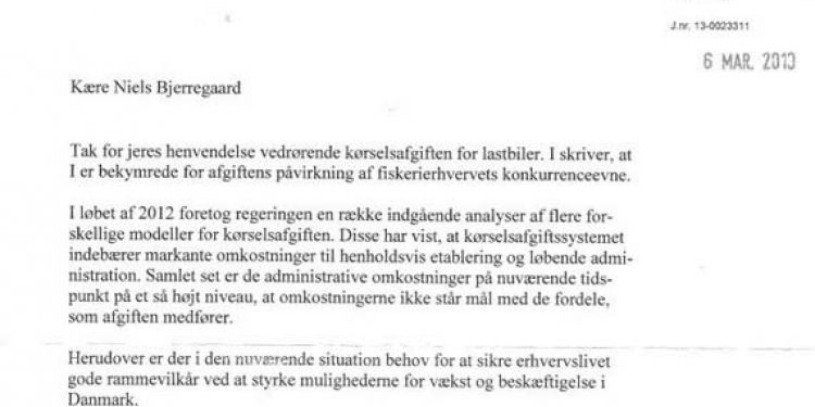 Da Holger K. tog livet af kørselsafgiften.  Foto: brev fra Skatteministeren - SKAT