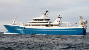 Trawleren **Christian í Grótinum** landede i sidste uge en last på 800 tons blåhvilling  til Havsbrún foto: Krian J