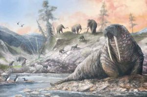 Doggerland - For under kølen, dér hvor nettet hives og trawlet slæbes hen over sand og mudder – netop dér lå der engang land. Skove, floder og dale. Et landskab, hvor dyr vandrede, og hvor mennesker sandsynligvis også har levet. Illustration Science Thoto Library