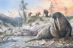 Doggerland - For under kølen, dér hvor nettet hives og trawlet slæbes hen over sand og mudder – netop dér lå der engang land. Skove, floder og dale. Et landskab, hvor dyr vandrede, og hvor mennesker sandsynligvis også har levet. Illustration Science Thoto Library