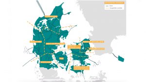 Kort over de geografiske områder, som projektlisten er opdelt i under de efterfølgende afsnit. Baggrunden er det eksisterende eltransmissionsnet primo 2022