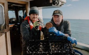 Dr Rob Enever of Fishtek Marine and Three Jays skipper Jon Ashworth during the initial trials with the Pot Lights that showed their effectiveness in attracting scallops