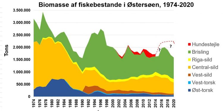  Undersøgelser af biomassen af hundestejler i dele af Østersøen viser, at denne har været kraftigt stigende samtidigt med en reduktion i mængden af rovdyr, som æder hundestejler (Kilde. Olsson m.fl. 2019 og Eklöf m.fl. 2020).