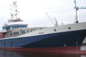kuldsejlet skibsordre giver NaturErhvervstyrelsen 135 mio retur.  Foto: Det nye inspektionsskib på værftet i Spanien der aldrig blev leveret