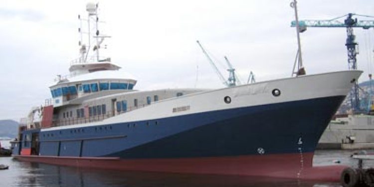 kuldsejlet skibsordre giver NaturErhvervstyrelsen 135 mio retur.  Foto: Det nye inspektionsskib på værftet i Spanien der aldrig blev leveret
