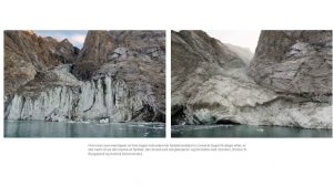 For blot et år siden skete en dramatisk naturkatastrofe i den normalt smukke og fredelige Dickson Fjord i det østlige Grønland. foto: Arktisk Kommando og fotograf S Rysgaard