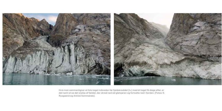 For blot et år siden skete en dramatisk naturkatastrofe i den normalt smukke og fredelige Dickson Fjord i det østlige Grønland. foto: Arktisk Kommando og fotograf S Rysgaard