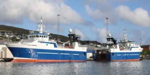 I Runavík landede partrawlerne **Heykur** og **Falkur** i sidste uge en samlet last på omkring 315.000 pund fisk, hvor langt størstedelen bestod af sej. foto: Kiran J
