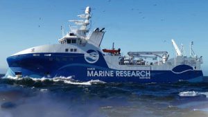 »Jákup Sverris« der er det færøske havforskningsskib hos Havstovan.fo, har nu startet et måleprojekt op, med et hydrografisk instrument, der blandt andet skal måle temperatur, saltholdighed, vanddybde og tryk på fiskebanken. foto Havstovan.fo