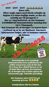 Danske landmænd planlægger en demonstration mandag den 13. januar 2025. Beslutningen blev truffet efter ugers forberedelse og et fagligt møde søndag den 5. januar. Arrangørerne skriver at demonstrationerne vil finde sted i to større byer i Jylland og én by på Sjælland.