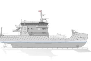 Forsvarsministeren er sammen med partierne i forsvarsforligskredsen blevet enige om leverandørvalg for de fire nye havmiljø- og minelægningsfartøjer, der blev besluttet i forbindelse med Delaftale om en flådeplan under forsvarsforliget 2024-2033 i foråret. Der indledes nu forhandlinger med konsortiet Danske Flådestøtteskibe K/S. illustration: OSK Design