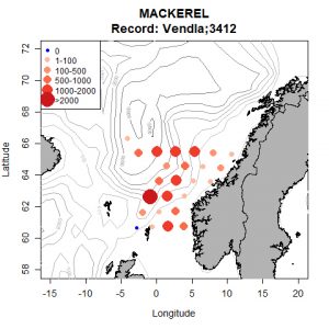 Kort over den norske kyst med røde prikker, der viser fangsten af ​​makrel. Kortet viser, at der indtil videre er fanget lidt makrel langs kysten
Figur 1. Foreløbig fordeling af makrelfangster (kg).
