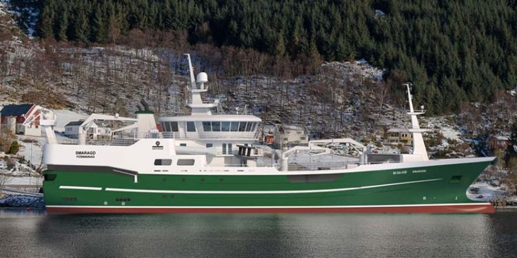 Det norske Fosnavågrederiet bygger kombineret Ringnot snurper-Trawler ved norsk værft.  Illustation:  Ny Smaragd fra Havyard Værft