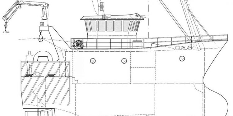 Norske redere lægger ordre på tre trawlere på sydfynsk værft  Ill: tegning af én af de tre stern-trawlere som Søby Værft skal i gang med -