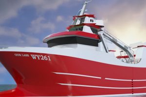 De topmoderne trawlere, som kan sejle enkeltvis eller som partrawlere, forventes at blive søsat i 2027 og vil primært operere fra havnen i Peterhead. foto Parkol Shipyard