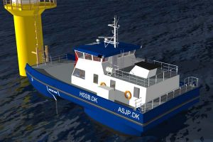 Ny generation af SWATH-fartøjer fra værft i Hvide Sande.  Ill.: SWATH fartøj i aktion ved en havvindmølle - HSSB