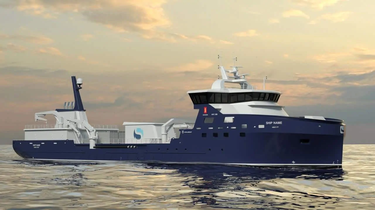 Fartøjet bliver det tredje i en serie med design af Kongsberg NVC 389, på 87,10 meter i længden og 18 meter i bredden - foto: Myklebust Verft