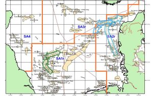 Den centrale Nordsø med de 4 vigtigste tobisområder markeret med røde linjer. De gule felter er tobisbanker med navne i sort. Pilene markerer mulige vigtige migrationsveje identificeret gennem mærkning-genfangst. foto: Henrik Mosegaard