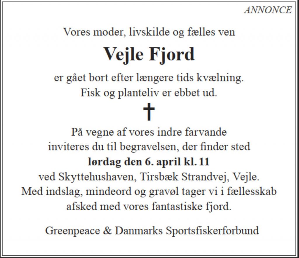 dødsannonce omkring begravelsen af Vejle Fjord - Greenpeace og Danmarks Sportsfiskerforbund
