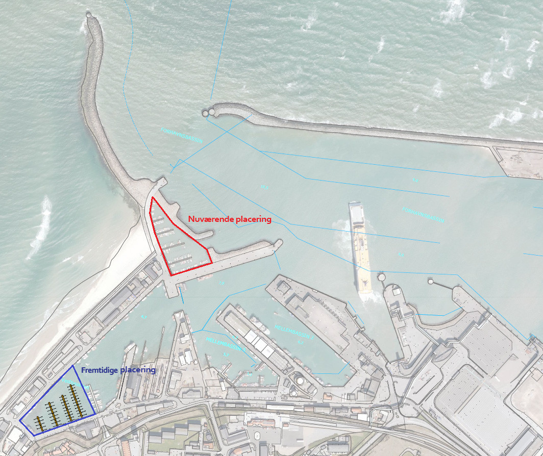 Visualisering af Hirtshals Bådeklubs nuværende og kommende placering.  illustration:: Hirtshals Havn 