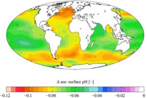 Havene er i forandring  Foto:Forandringer i pH-værdien ved havoverfladen forårsaget af menneskelige udslip af CO2 mellem 1700-tallet og 1990-tallet