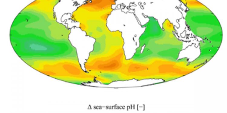 Havene er i forandring  Foto:Forandringer i pH-værdien ved havoverfladen forårsaget af menneskelige udslip af CO2 mellem 1700-tallet og 1990-tallet