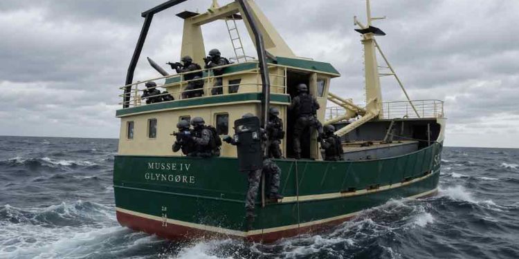 Det, der begyndte som en almindelig fiskedag i den sydlige Nordsø, udviklede sig til en dramatisk dag for flere danske tobisfiskere. Bevæbnede tyske myndigheder gennemførte en omfattende kontrolaktion mod danske fartøjer nord for Borkum, hvor skipper Frederik Vendelbo på SK971 Musse IV fortæller til FiskerForum.dk, at de blev lagt i håndjern og tilbageholdt i flere timer. - illustration - AI genereret FiskerForum.dk