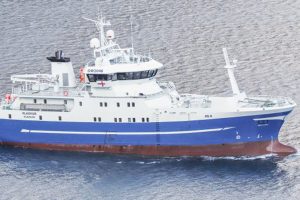 I Klaksvík landede det store færøske Fryselineskibet Klakkur på godt 51 meter, landede i sidste uge en last på 122 tons, hvoraf det overvejende var torsk i fangsten. foto: Kiran J