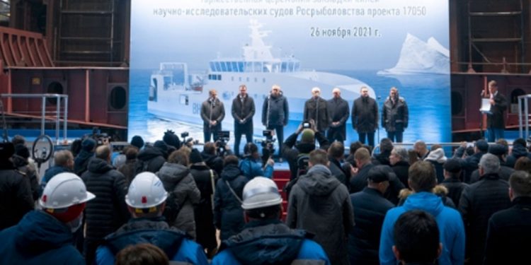 Flere prominente gæster deltog forleden i køllægningen på det store russiske værft - Nevsky Shipyard