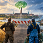 Landbrug og fiskeri efterlyser en vej frem, hvor miljøhensyn, konkurrenceevne og dansk fødevareproduktion kan følges ad. AI-genereret illustration – FiskerForum.dk.
