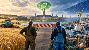 Landbrug og fiskeri efterlyser en vej frem, hvor miljøhensyn, konkurrenceevne og dansk fødevareproduktion kan følges ad. AI-genereret illustration – FiskerForum.dk.
