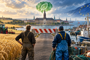 Landbrug og fiskeri efterlyser en vej frem, hvor miljøhensyn, konkurrenceevne og dansk fødevareproduktion kan følges ad. AI-genereret illustration – FiskerForum.dk.