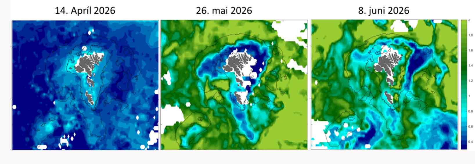 Mængden af planteplankton i havoverfladen i april, maj og juni, målt med satellit.  foto: Havstovan